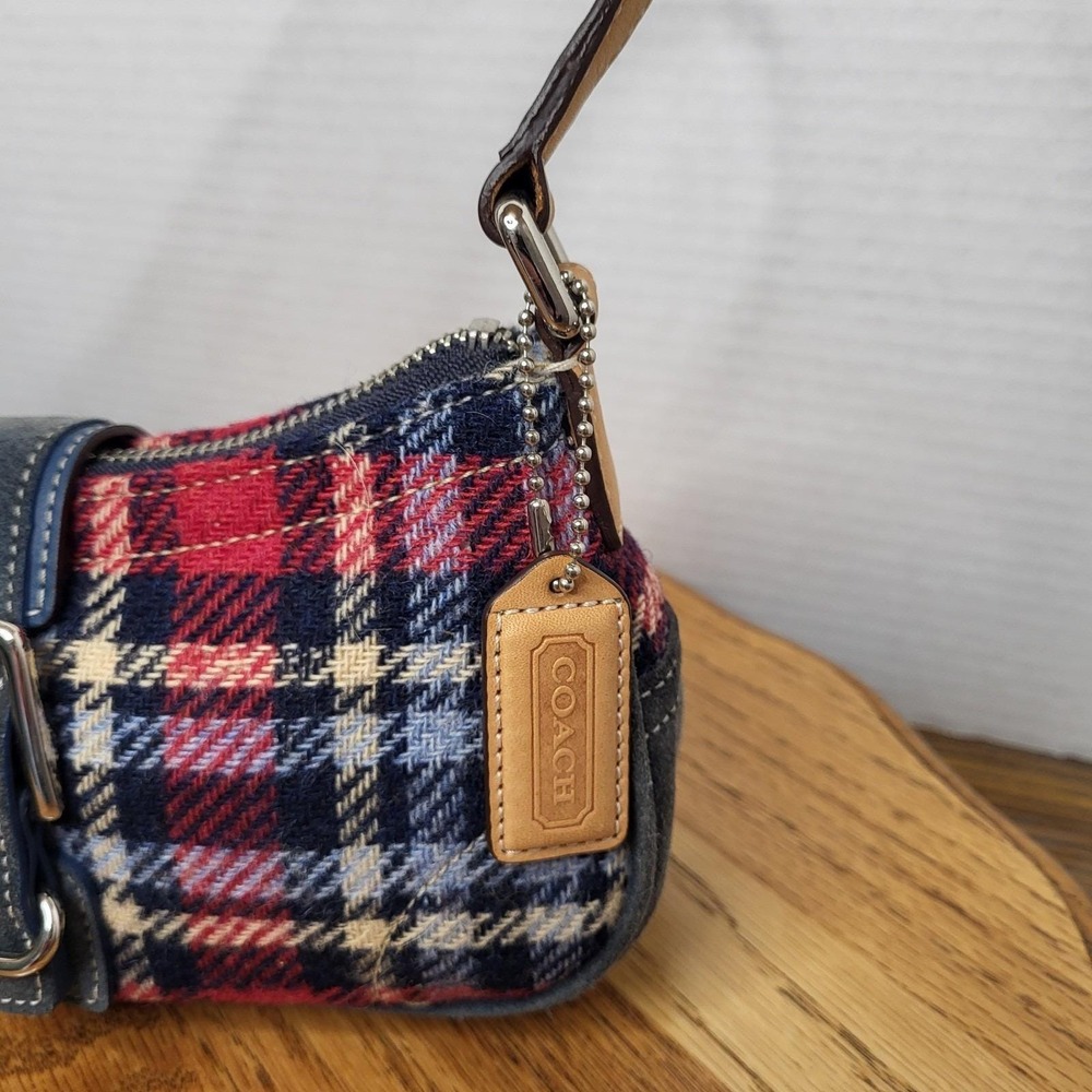 Coach Red and Navy Plaid Wool Satchel with Leather Trim - Picture 2 of 16
